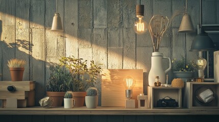 Rustic decor with plants, lighting, and vintage objects