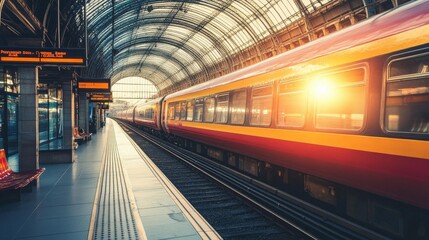 Vibrant Train Station Platform Bathed in Warm Afternoon Light