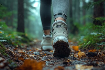 A hiker walks through a forest, their feet crunching on fallen leaves