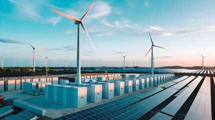 Modern Renewable Energy Farm With Wind Turbines and Solar Panels