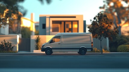 Obraz premium Modern Suburban House and Delivery Van Scenery