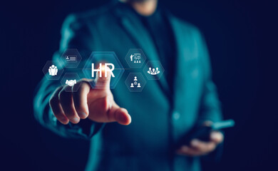 HR management concept, manager or administration of human resources within an organization, focusing on recruitment, training, conflict resolution, and fostering a productive organizational culture.