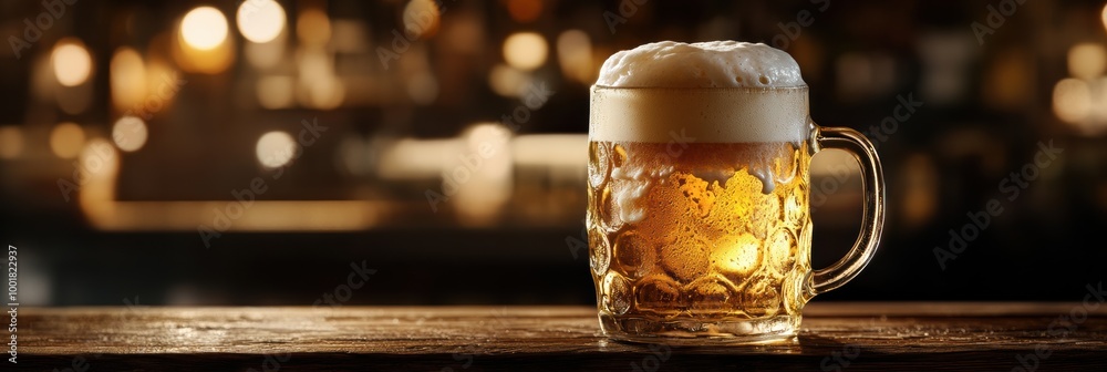 Aufkleber A close-up of a frothy beer mug overflowing with foam on a rustic wooden table in a cozy bar setting. Generative AI