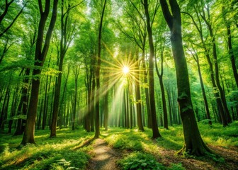 Lush Green Forest Trees with Sunlight Filtering Through Leaves Creating a Serene Natural Atmosphere