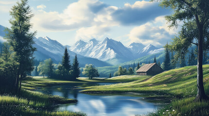 Digital art - Painting of a lake, trees and mountains