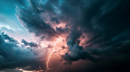 A powerful lightning bolt streaks across the sky, illuminating the dramatic storm clouds above.