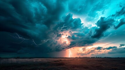 A dramatic lightning strike illuminates the dark, stormy sky above a field of tall grass.