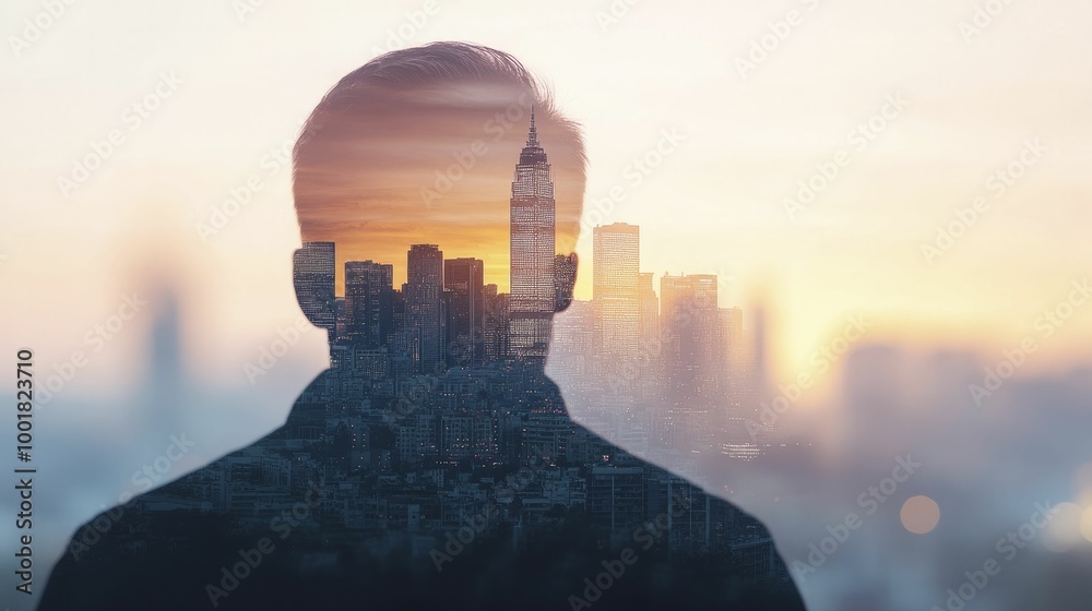 Poster Double exposure of a film set designer creating a backdrop, combined with a cityscape at sunrise, capturing the essence of cinematic urban stories.