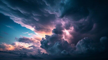 A dramatic sky with dark storm clouds and a flash of lightning.