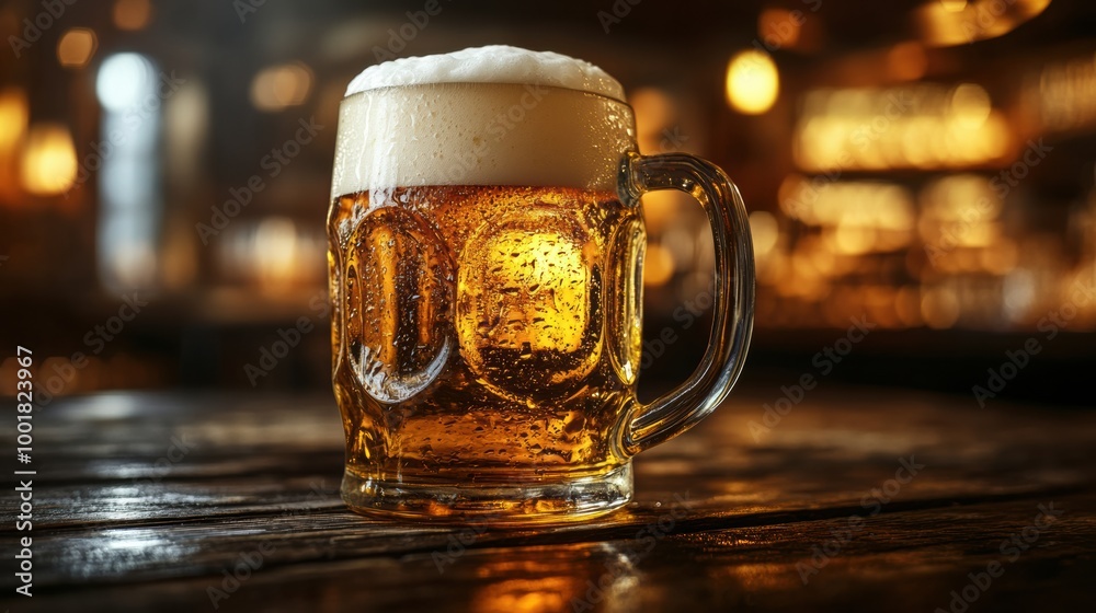 Poster A frothy mug of beer overflowing on a rustic wooden table in a warm, inviting bar setting during the evening hours. Generative AI