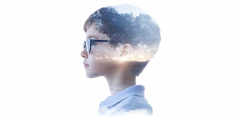 Double exposure of an online learning developer creating content, merged with visuals of students engaging with technology, symbolizing the evolution of education