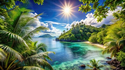 Lush Jungle Meets Serene Sea: A Vibrant Tropical Landscape Under Clear Blue Skies and Sunshine