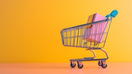 Shopping cart with a pink gift box on yellow background