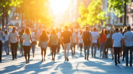 Obraz premium Vibrant City Street Scene with Crowd of People Walking in Sunlight