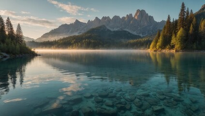 Naklejka premium Serene mountain lake with clear water and lush vegetation at dawn