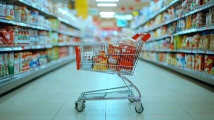 Shopping cart filled with groceries in a supermarket aisle