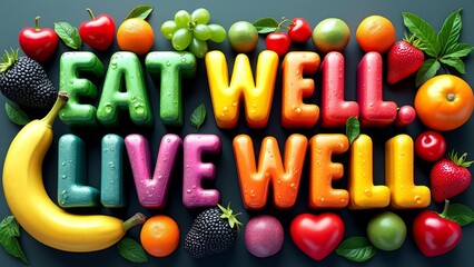 Text Eat Well, Live Well with Fresh Fruits and Fitness Icons