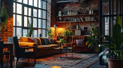 Cozy living room with a large window, exposed brick walls, and an eclectic mix of furniture and plants.