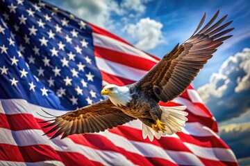Majestic Bald Eagle Soaring Above the American Flag Symbolizing Freedom and Patriotism in Nature