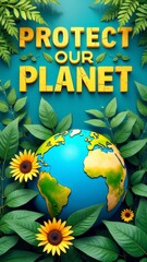 Obraz premium Text Protect Our Planet with Green Leaves and a Globe in Clean Typography