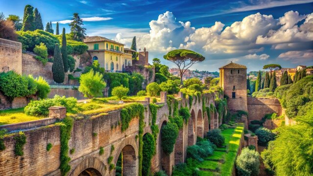 Majestic Aurelian Walls of Rome Surrounded by Lush Greenery Under a Clear Blue Sky