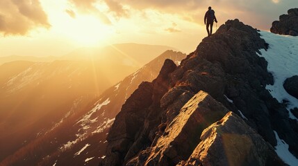 A lone hiker stands on the edge of a mountain ridge, bathed in the golden light of the setting sun.
