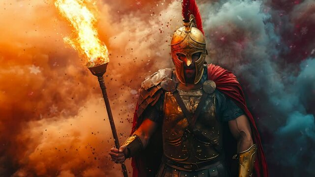 stunning spartan warrior holding fire torch surrounded by thick dark smoke Seamless looping 4k time-lapse virtual video animation background.