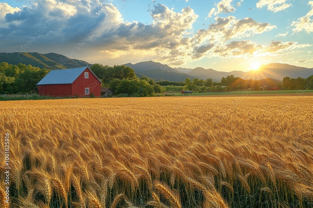 Wall mural A red barn stands in a field of golden wheat at sunset.  The sun shines through the clouds, casting a warm glow over the landscape.