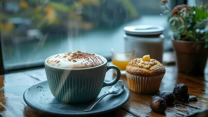 muffin in a plate and a cup of coffee in the table with stunning panorama, Seamless looping 4k time-lapse virtual video animation background