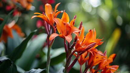 A close-up shot of vibrant orange flowers blooming against a blurred green background. The bright colors and delicate petals create a beautiful natural scene.