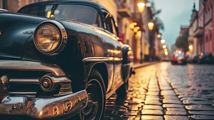 Fototapeta premium A classic car parked on a cobblestone street at dusk, with the headlights reflecting the warm glow of the streetlights.