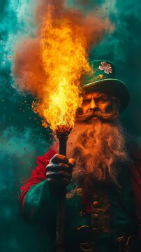 Courageous leprechaun flaming torch amidst thick dark smoke Seamless looping 4k time-lapse virtual video animation background