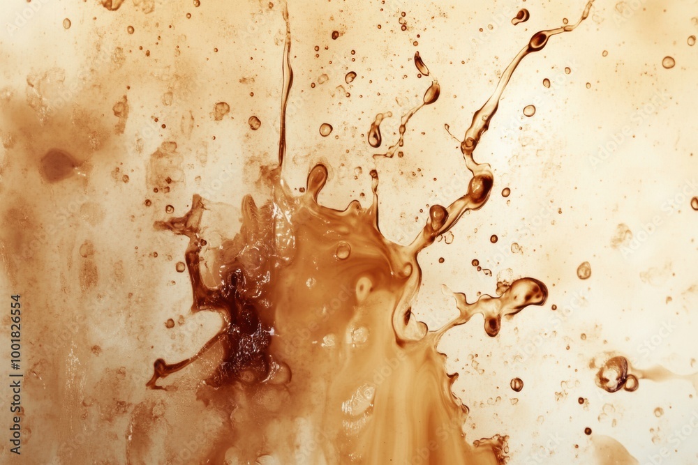 Poster An artistic background of spilled coffee stains and splashes creating an abstract design with rich brown tones and flowing textures. Generative AI