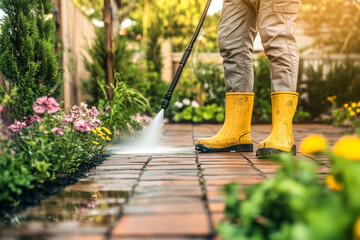 A man in yellow boots and a blue shirt is cleaning the brick pavement with a high-pressure water machine