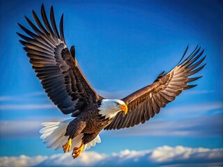 Fototapeta premium Majestic Female Bald Eagle in Natural Habitat Soaring Against Clear Blue Sky with Graceful Wingspan
