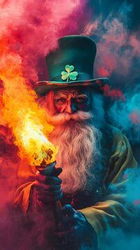 Courageous leprechaun flaming torch amidst thick dark smoke Seamless looping 4k time-lapse virtual video animation background