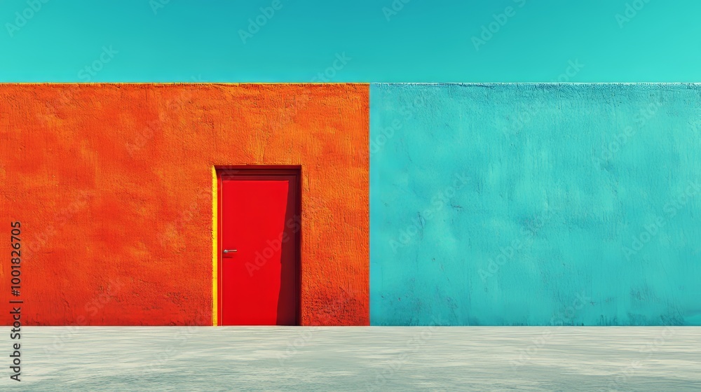 Sticker A red door stands in front of a blue wall