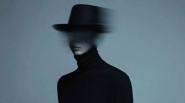 A mysterious woman in a black turtleneck and hat, her face obscured by motion blur