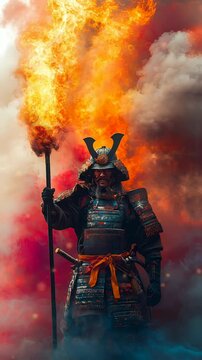 stunning samurai warrior holding fire torch surrounded by thick dark smoke Seamless looping 4k time-lapse virtual video animation background.
