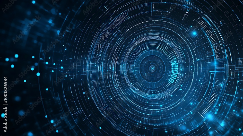 Poster abstract digital technology background with glowing blue circles and lines.