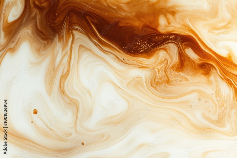 Aufkleber Swirling coffee merges with milk creating an abstract pattern in warm tones on a blurred background. Generative AI