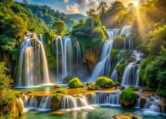 Obraz premium Majestic Golden and Silver Falls Amid Lush Greenery in Natural State Park Landscape Photography