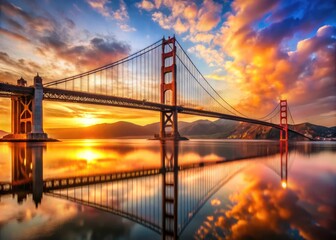 Majestic Golden Gate Bridge at Sunset with Vibrant Skies and Calm Waters Reflecting the Structure