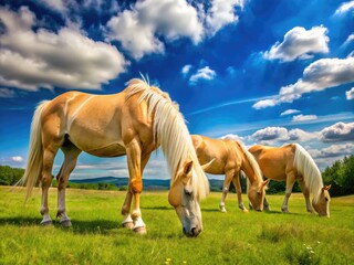 Obraz premium Majestic Golden Palomino Horses Grazing in a Lush Green Meadow Under a Clear Blue Sky