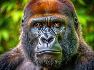 Fototapeta premium Majestic Gorilla Face Displaying Intense Expression in Natural Habitat, Close-Up Shot of Primate