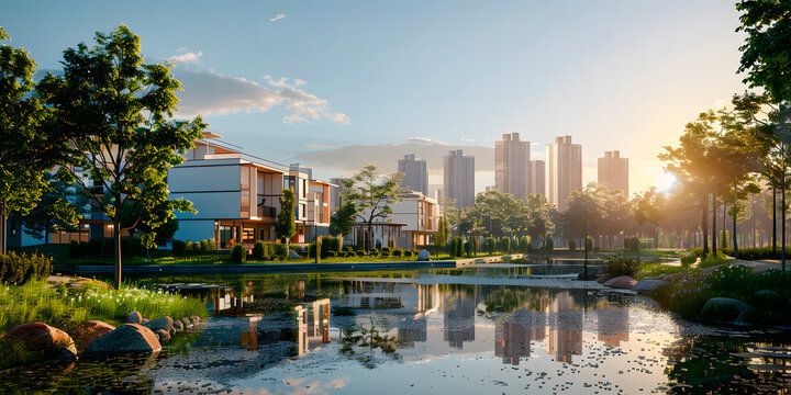 Ciudad futurista sustentable con naturaleza y edificios 