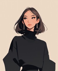 Fototapeta premium A portrait of an edgy woman with shoulder-length hair, dressed in a black turtleneck sweater and pants.