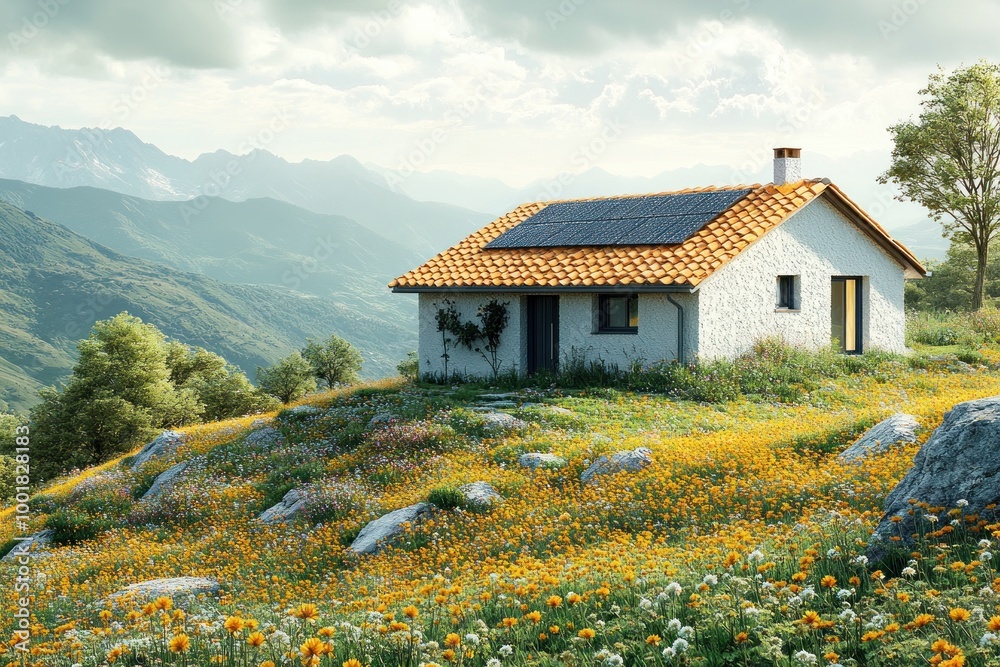 Poster A small white cottage with solar panels on the roof sits on a hillside with wildflowers and mountains in the background.