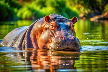 Fototapeta premium Majestic Hippopotamus Resting in the Water Under the Sun, Showcasing Its Massive Body and Grace
