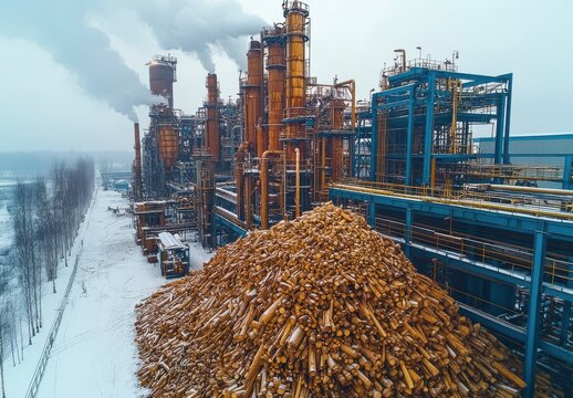 Large pile of wood in front of an industrial building with a grocery fuel production line on a daylight drone view